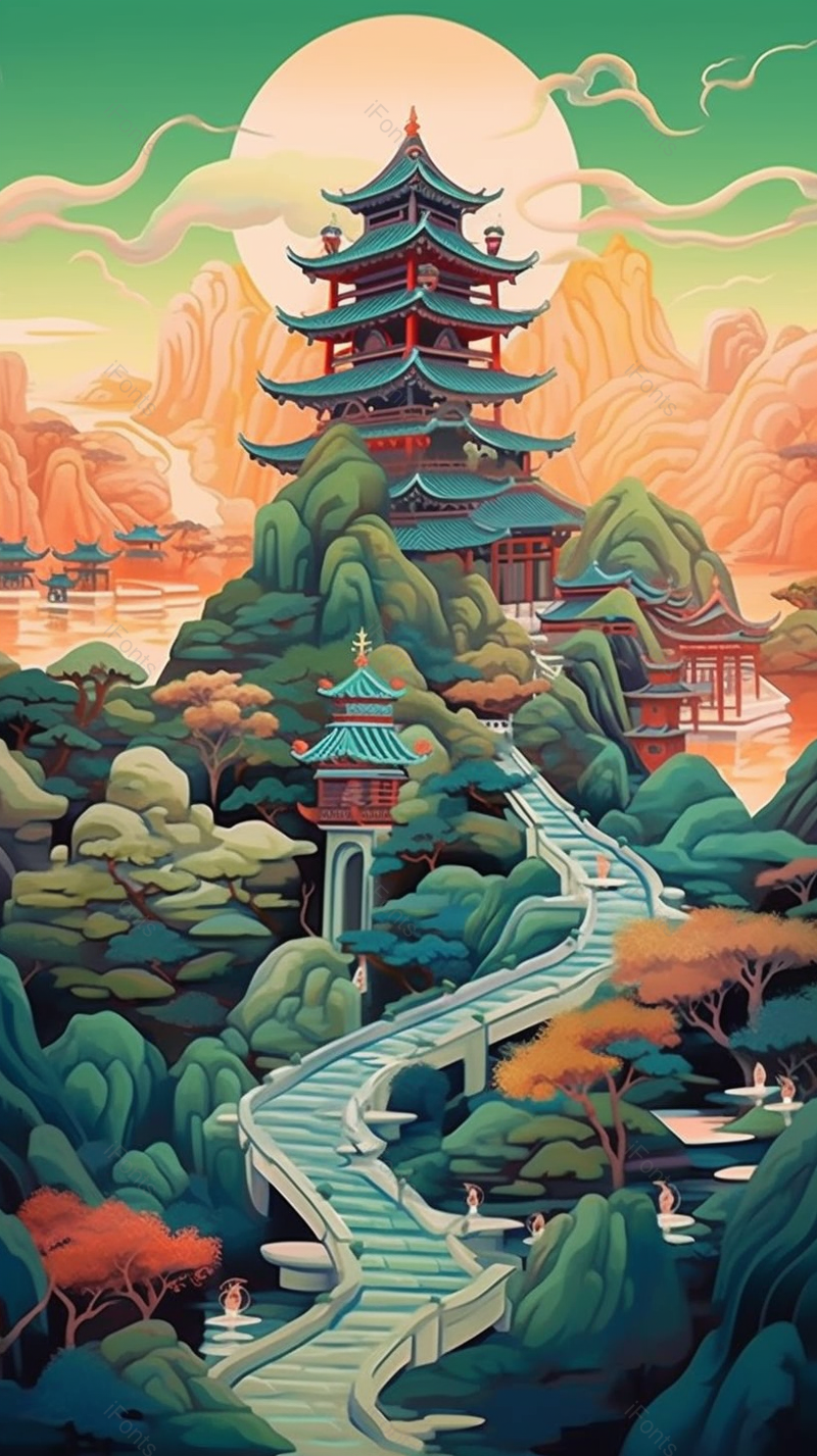 秀美山水亭台楼阁国风手绘插画背景,插画/手绘图,插画/手绘图库,插画/手绘图下载,插画/手绘
